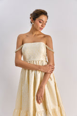 Yellow brocade embellished flayered dress