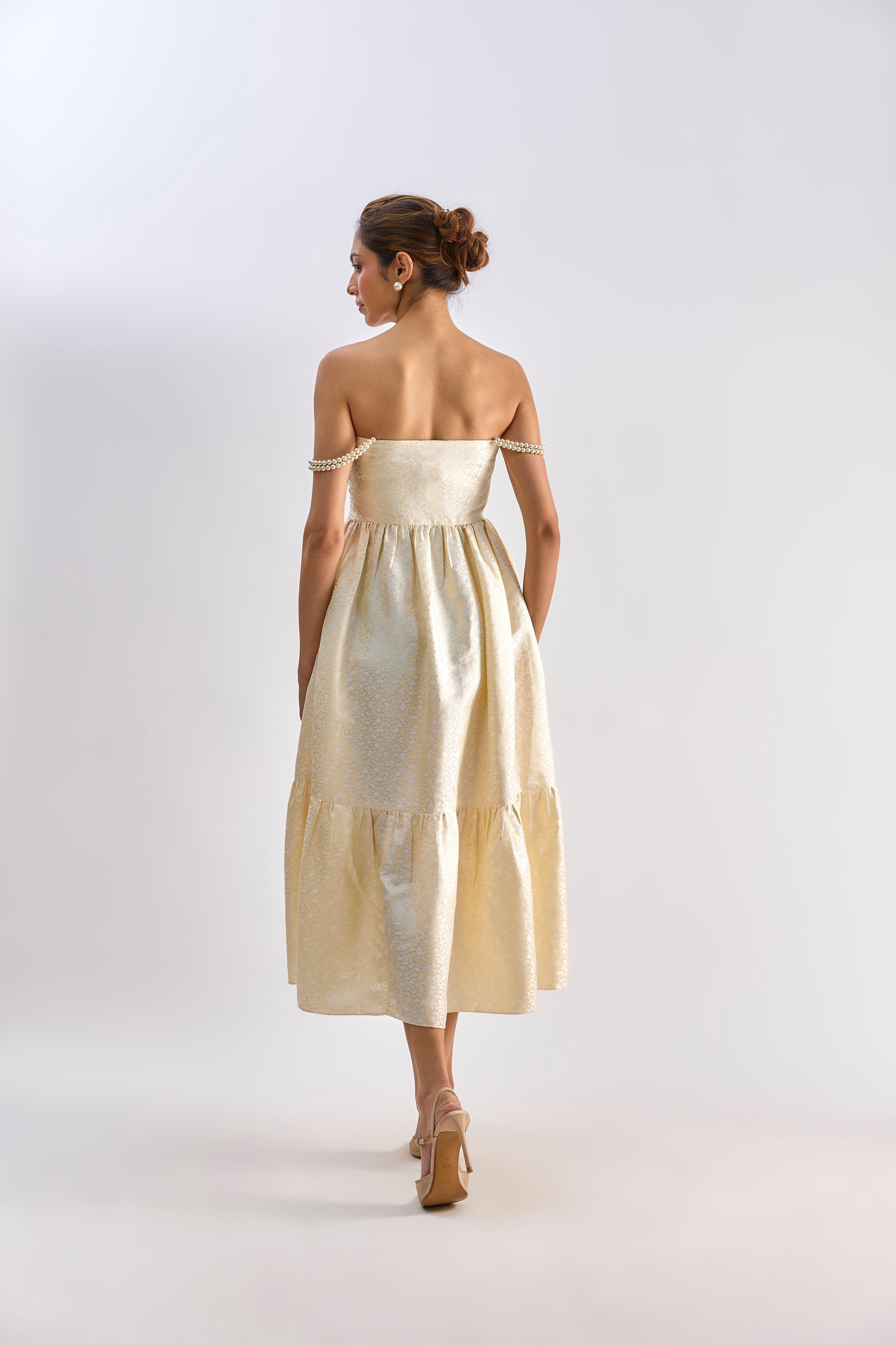 Yellow brocade embellished flayered dress