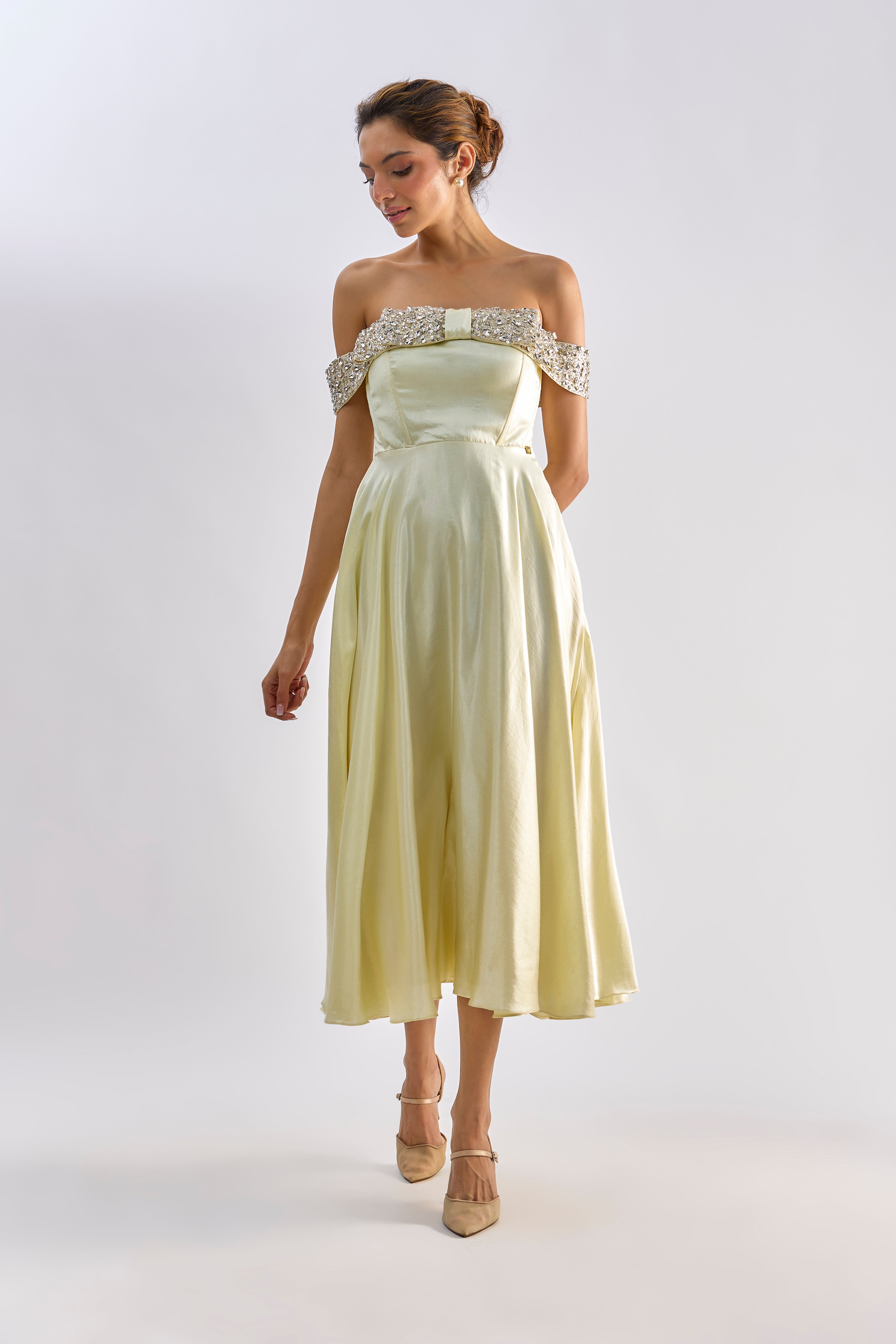 Yellow embellished bow flayered dress