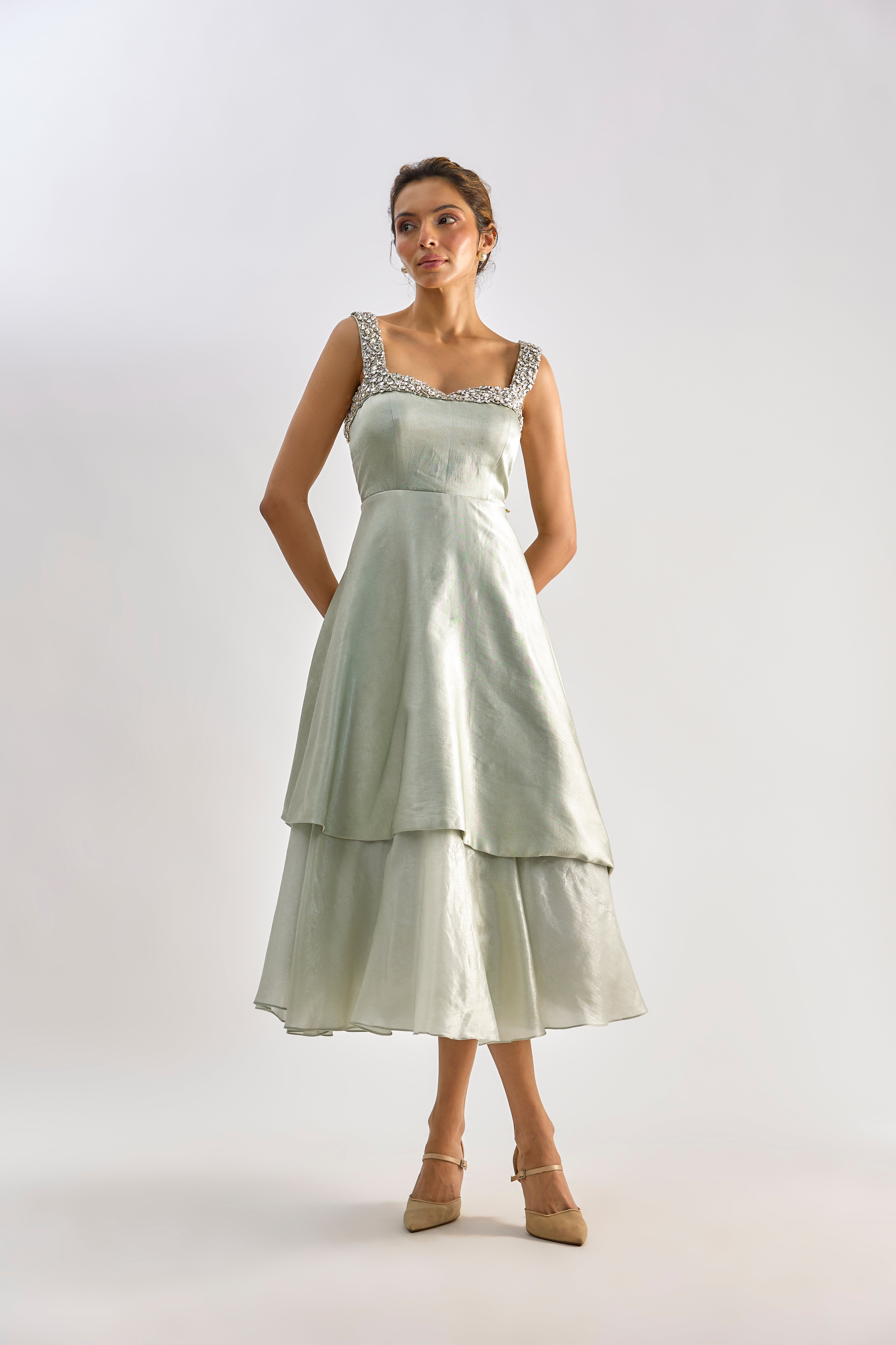Sage green embellished layered flayered dress