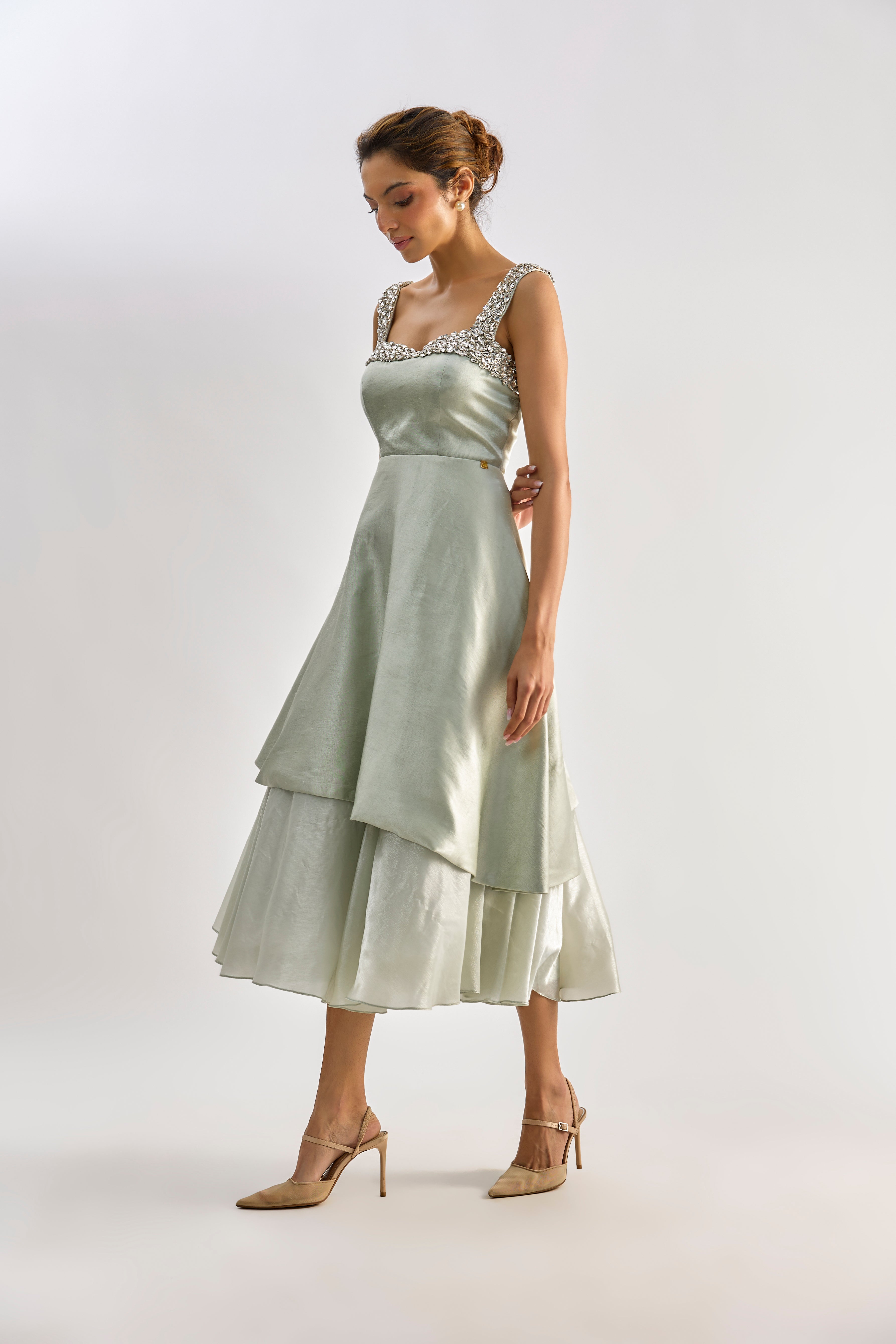 Sage green embellished layered flayered dress