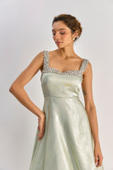 Sage green embellished layered flayered dress