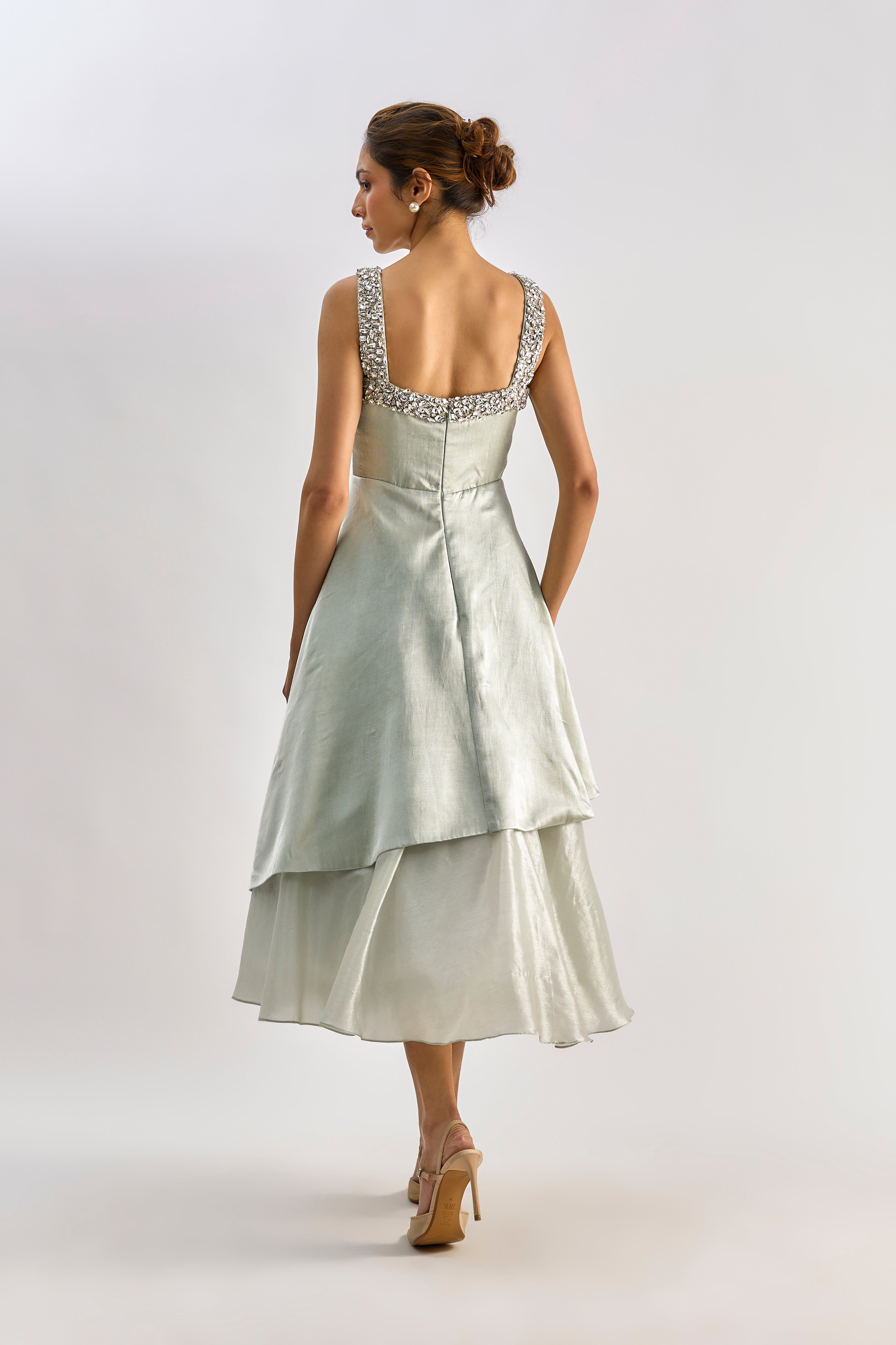 Sage green embellished layered flayered dress