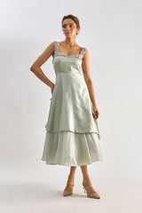 Sage green embellished layered flayered dress