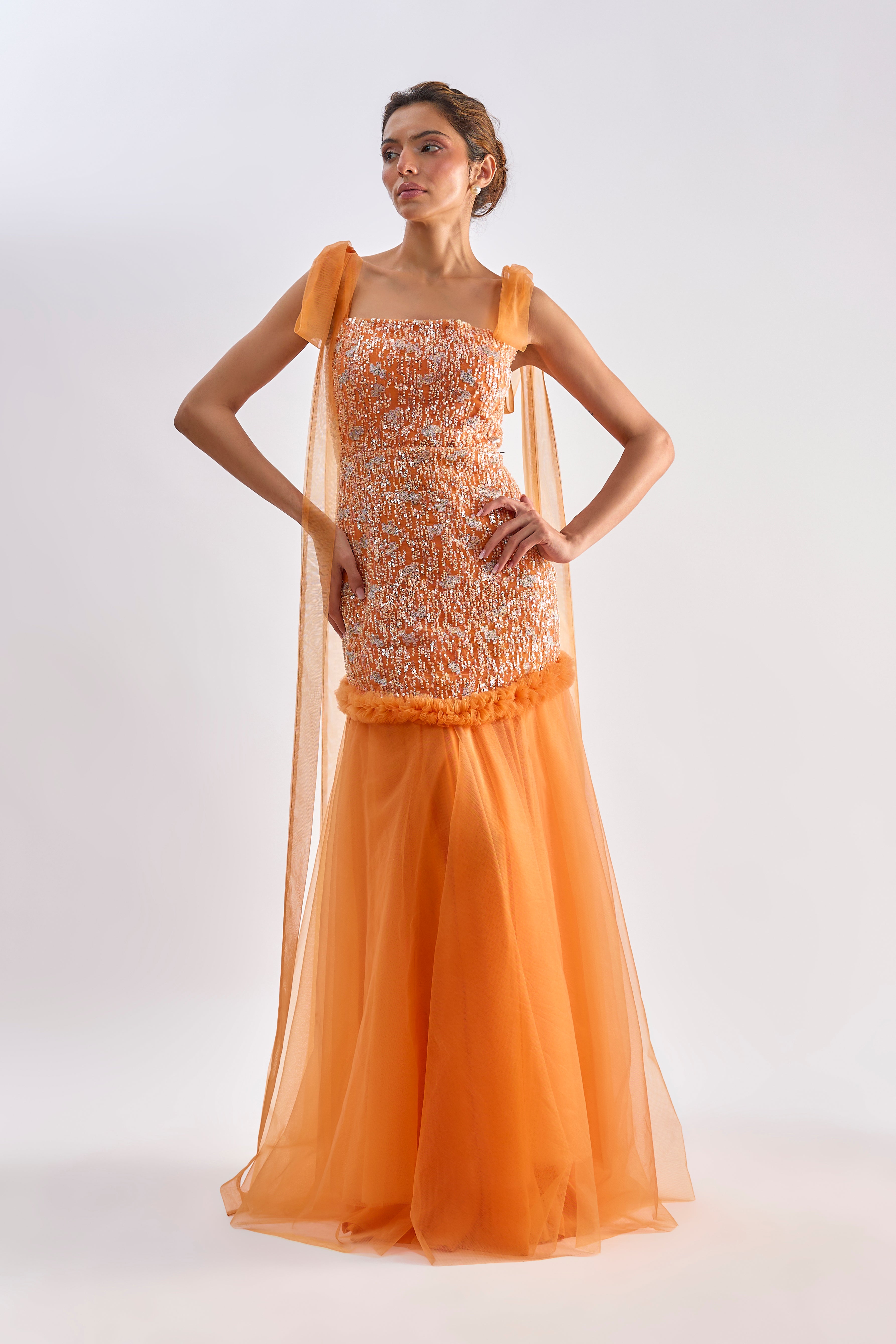 Orange embellished ruffle tulle gown