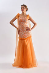 Orange embellished ruffle tulle gown