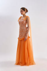 Orange embellished ruffle tulle gown