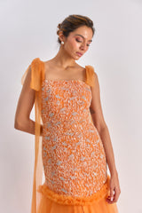 Orange embellished ruffle tulle gown