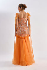 Orange embellished ruffle tulle gown