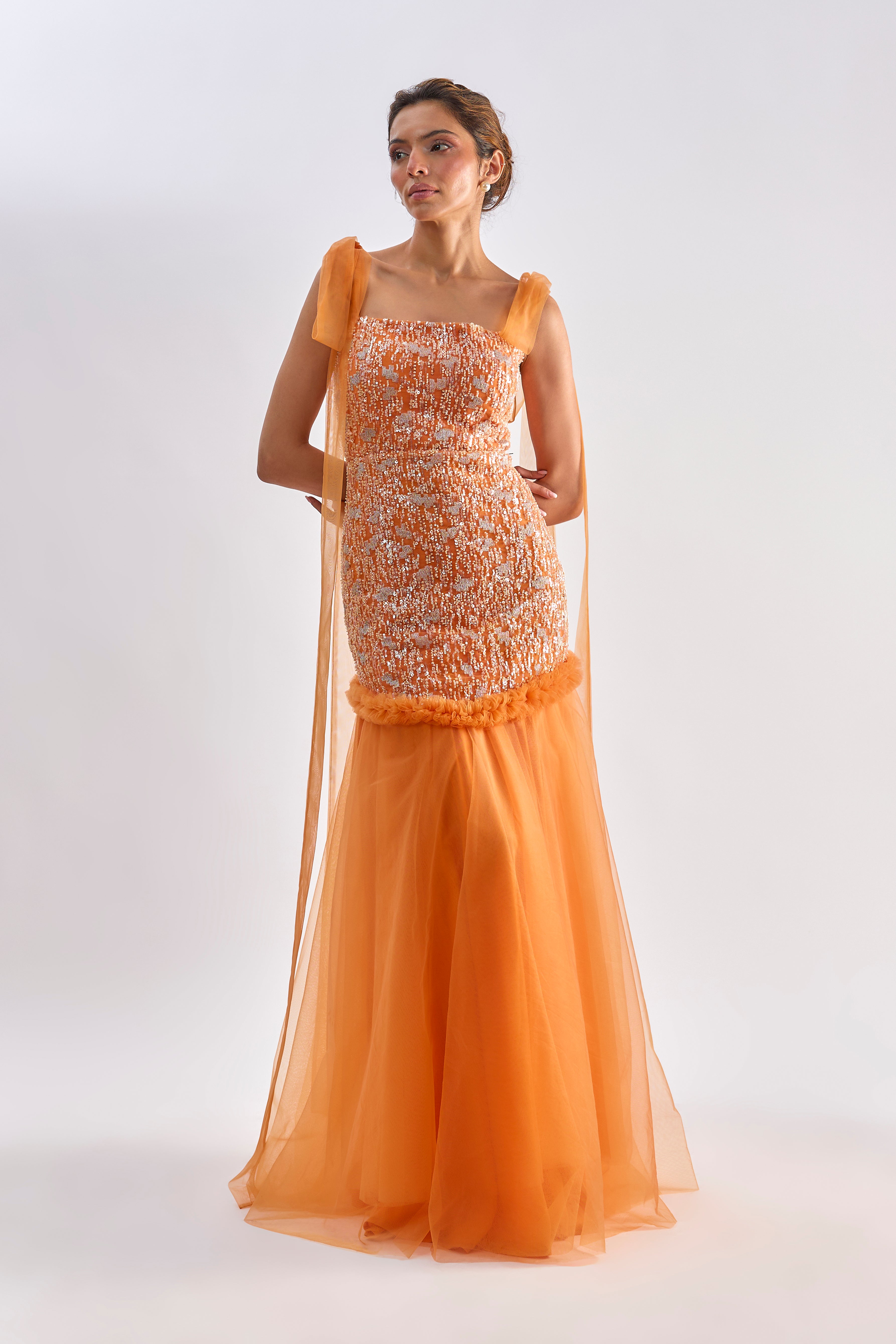 Orange embellished ruffle tulle gown