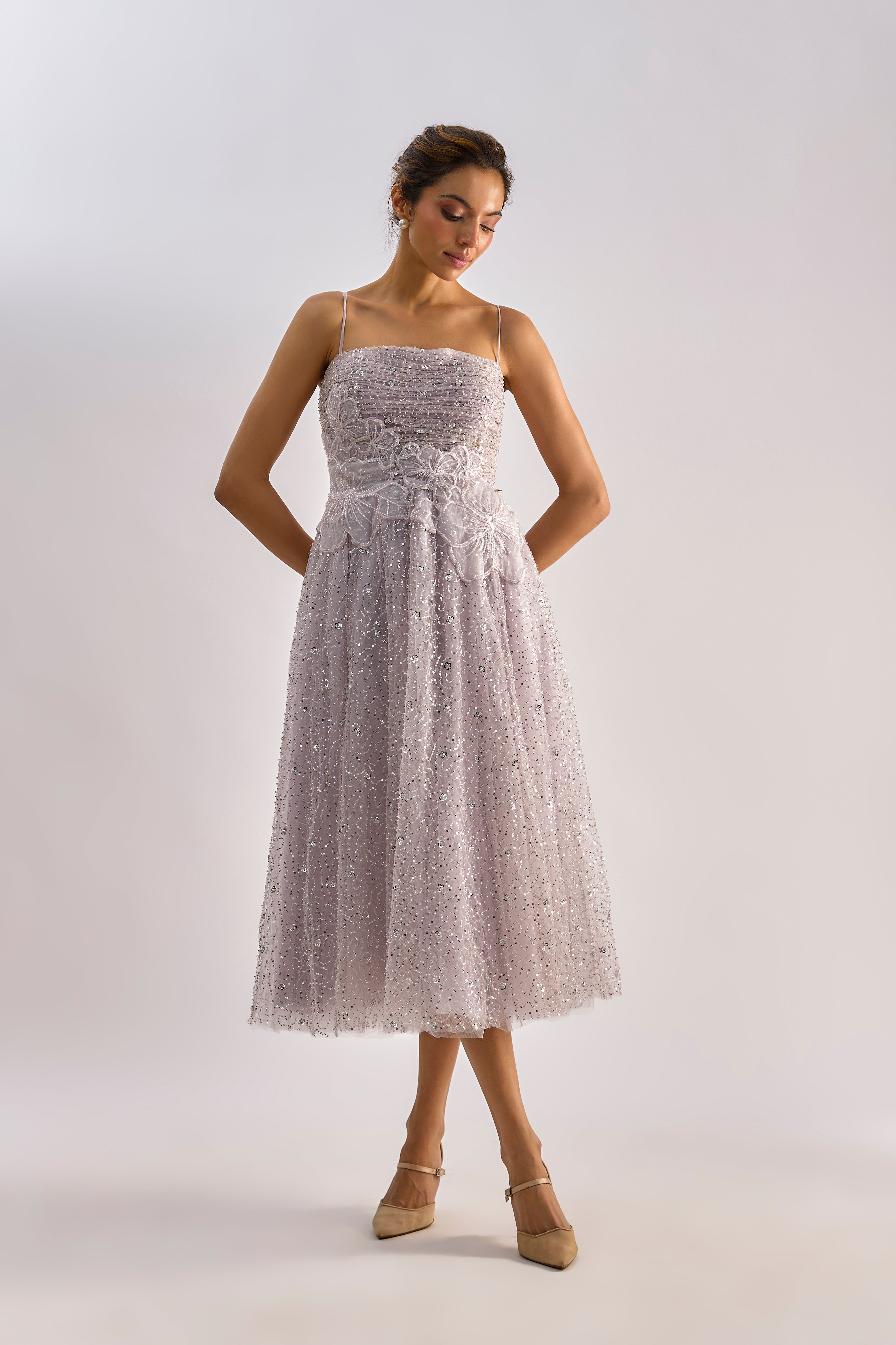 Lilac embellished flayered dress with floral detailing