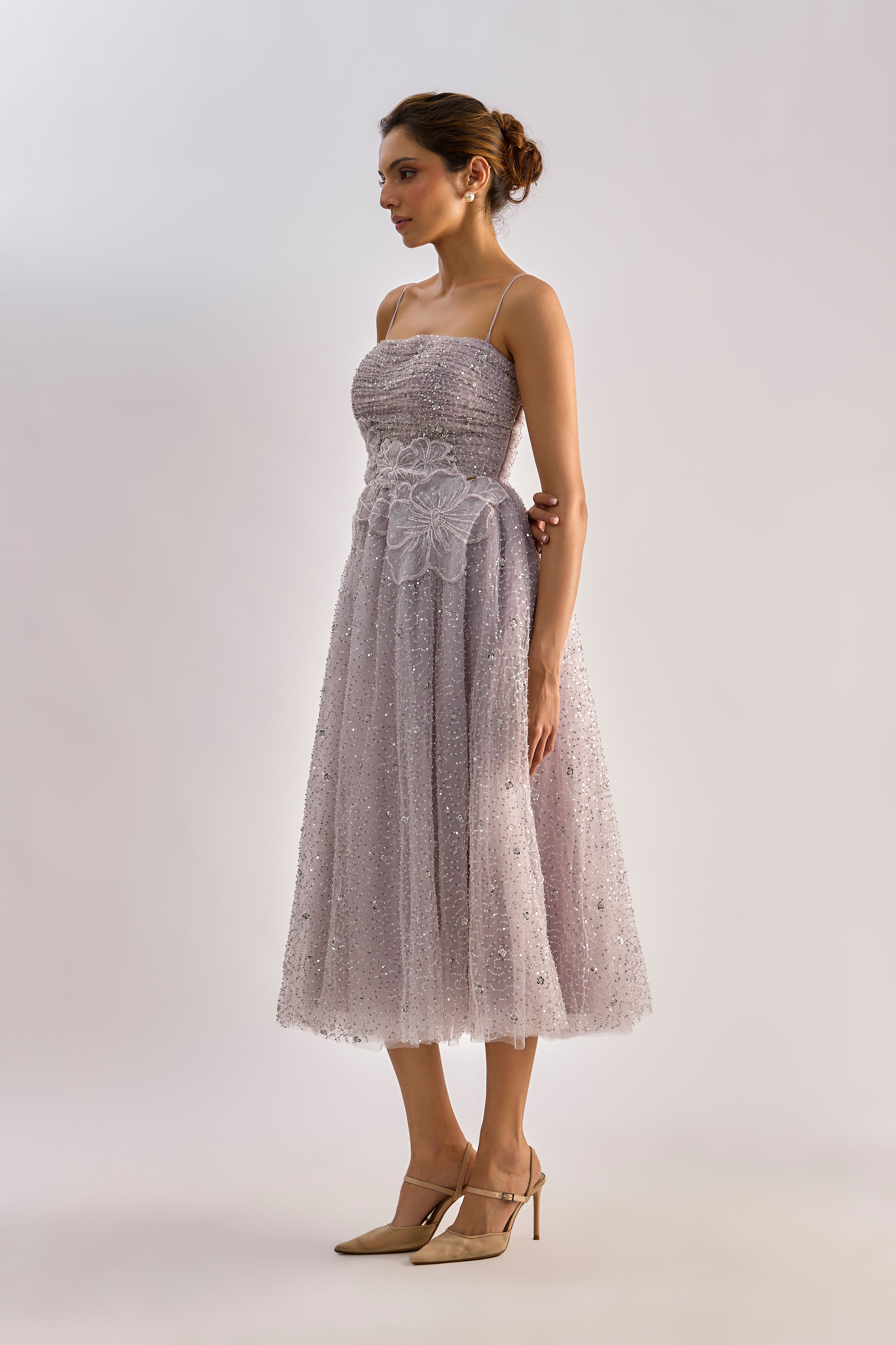 Lilac embellished flayered dress with floral detailing