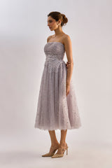 Lilac embellished flayered dress with floral detailing