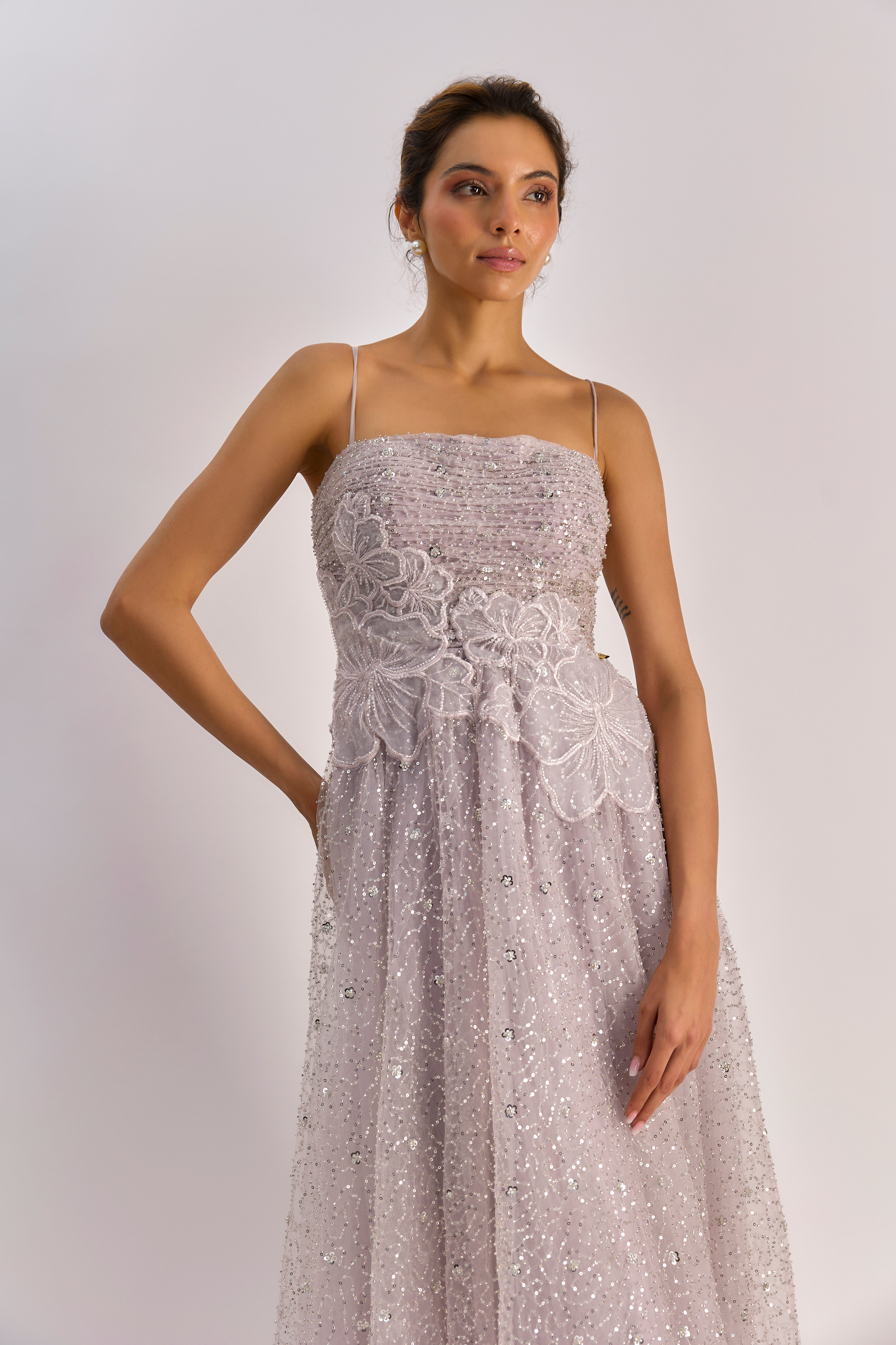 Lilac embellished flayered dress with floral detailing