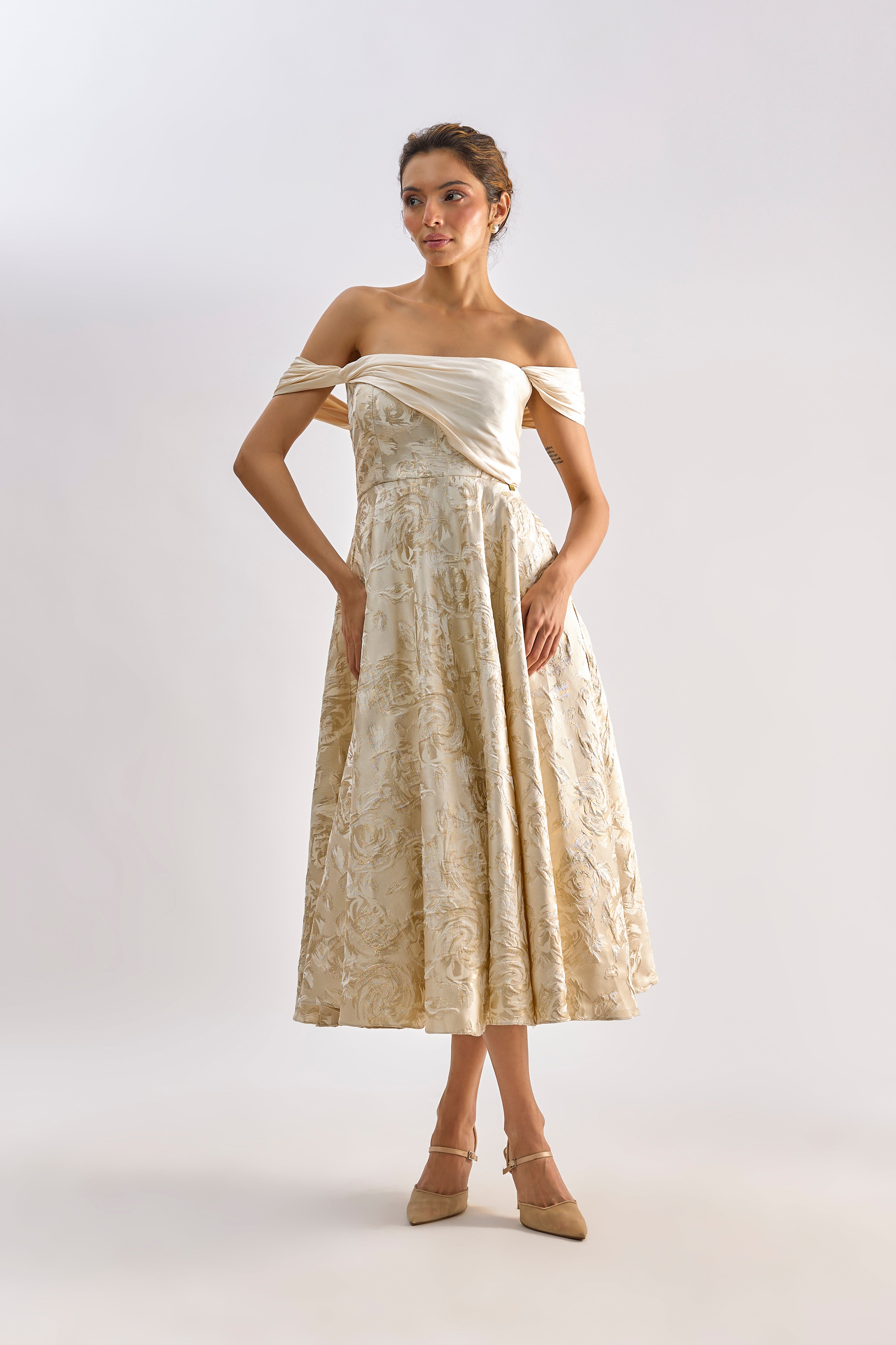 Beige floral textured brocade flayered dress