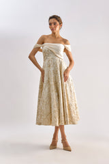 Beige floral textured brocade flayered dress