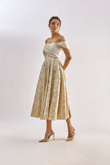Beige floral textured brocade flayered dress