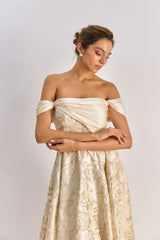 Beige floral textured brocade flayered dress