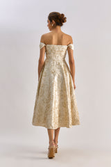 Beige floral textured brocade flayered dress