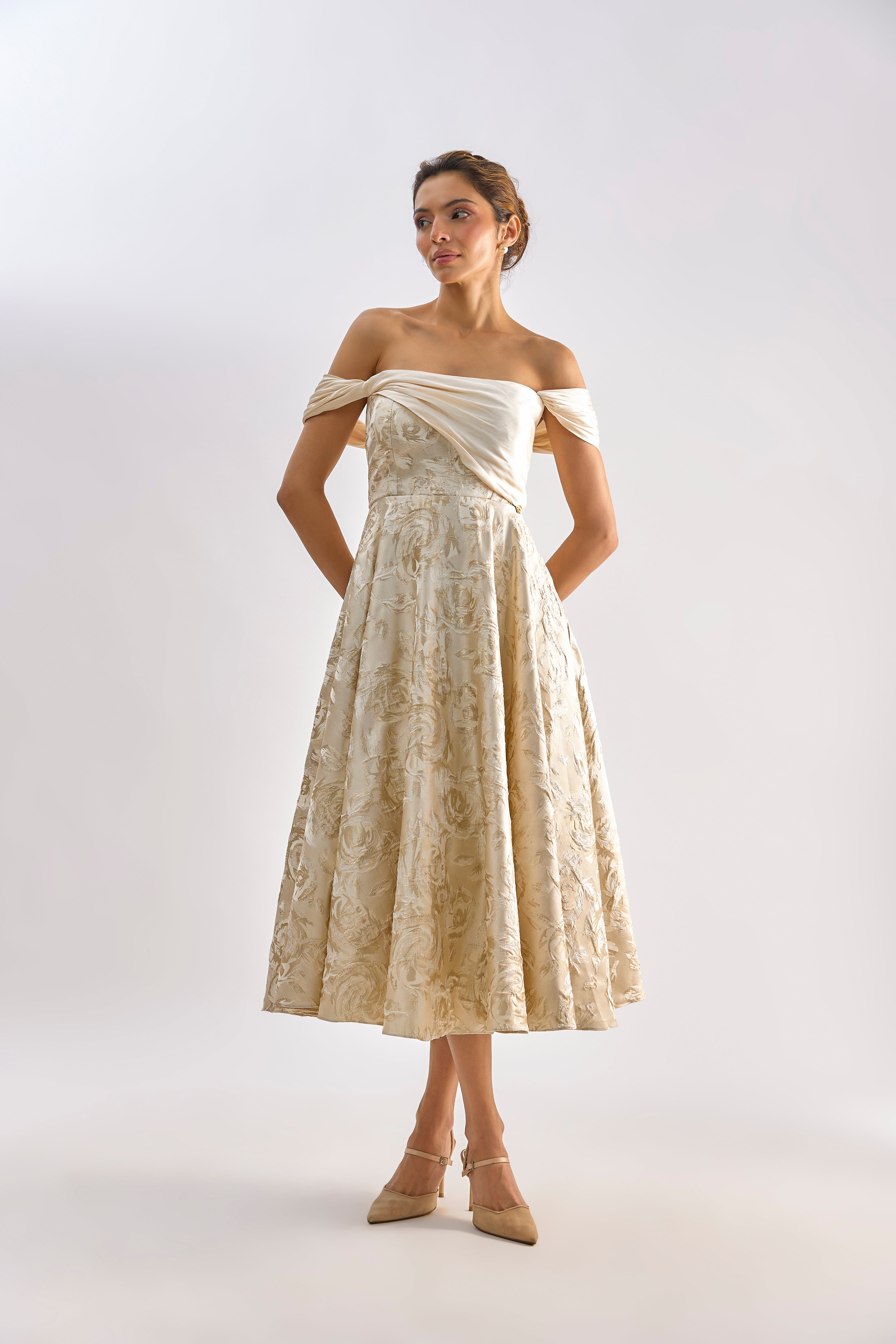 Beige floral textured brocade flayered dress