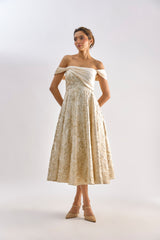 Beige floral textured brocade flayered dress