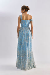 Sea blue embellished drape one shoulder gown