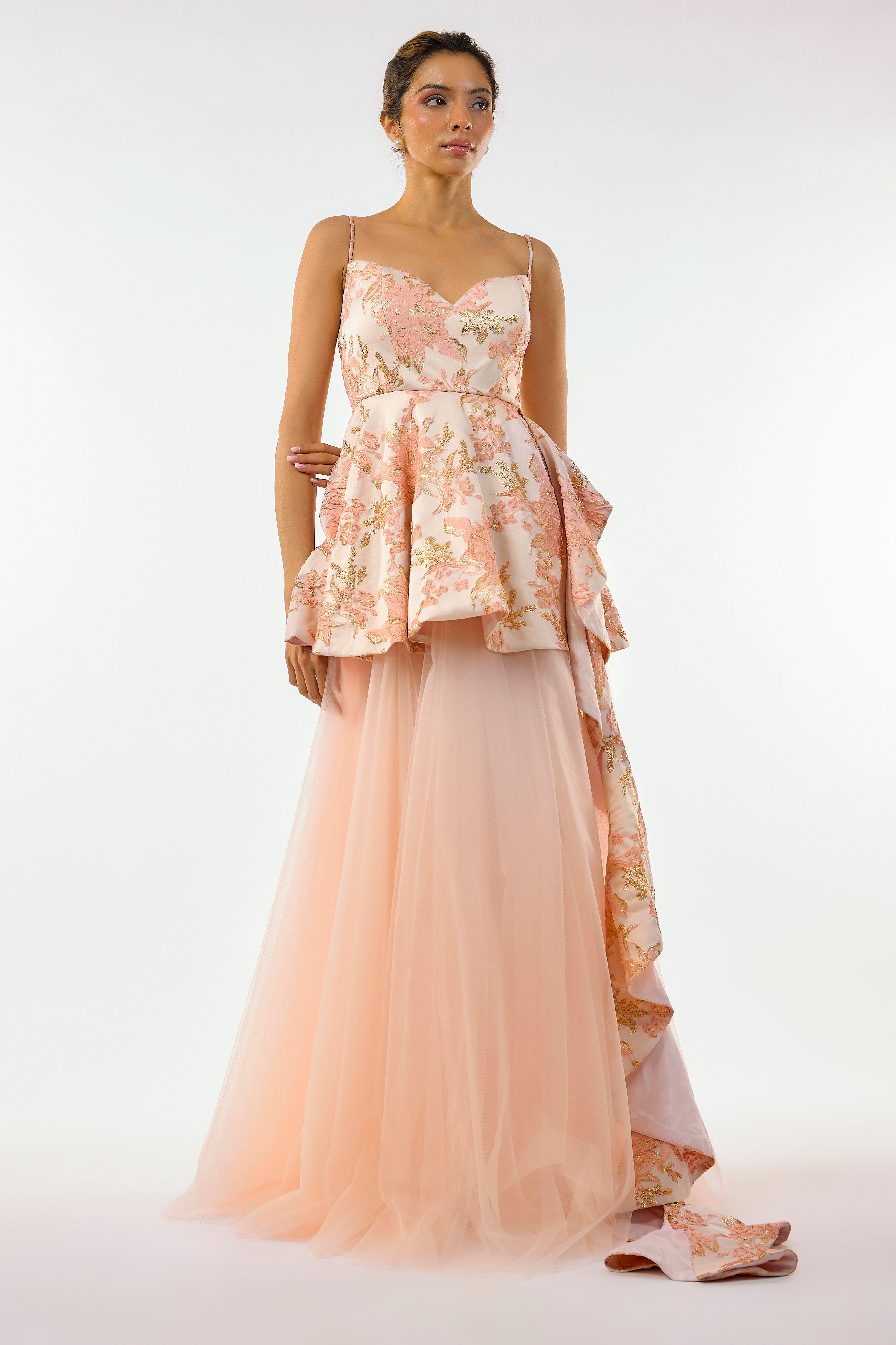 Light pink textured brocade tulle gown
