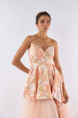 Light pink textured brocade tulle gown