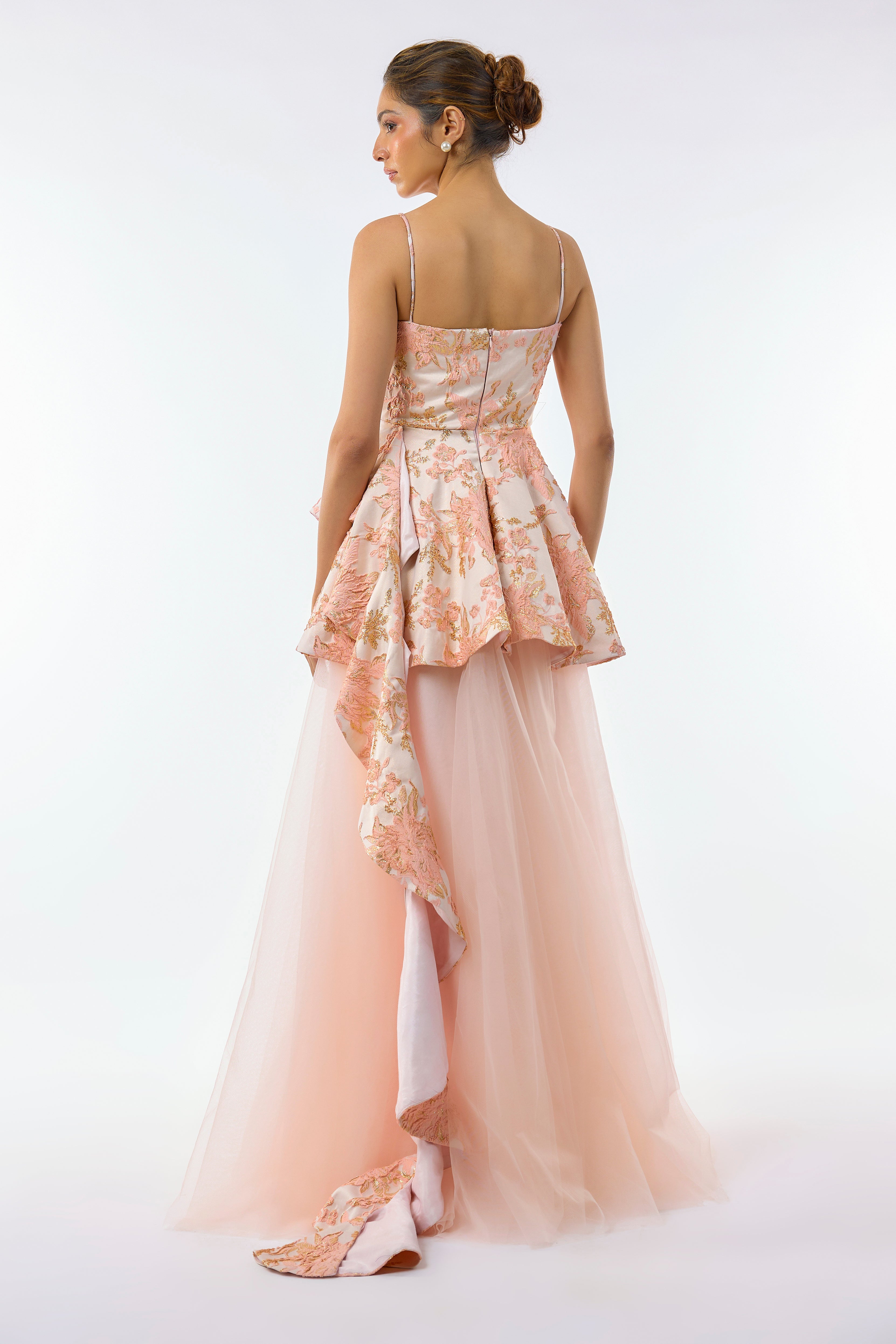 Light pink textured brocade tulle gown