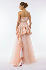 Light pink textured brocade tulle gown
