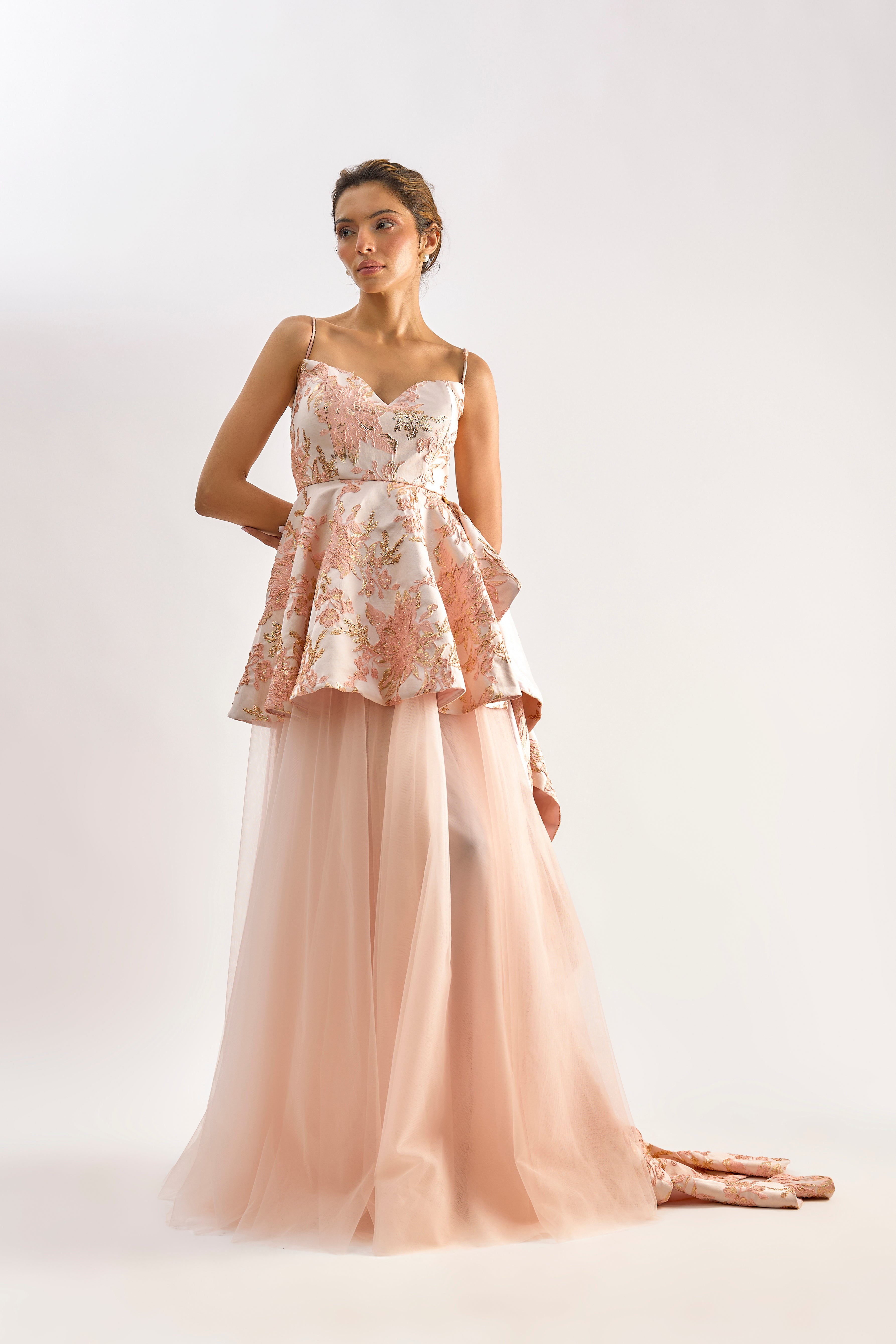 Light pink textured brocade tulle gown