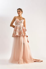 Light pink textured brocade tulle gown