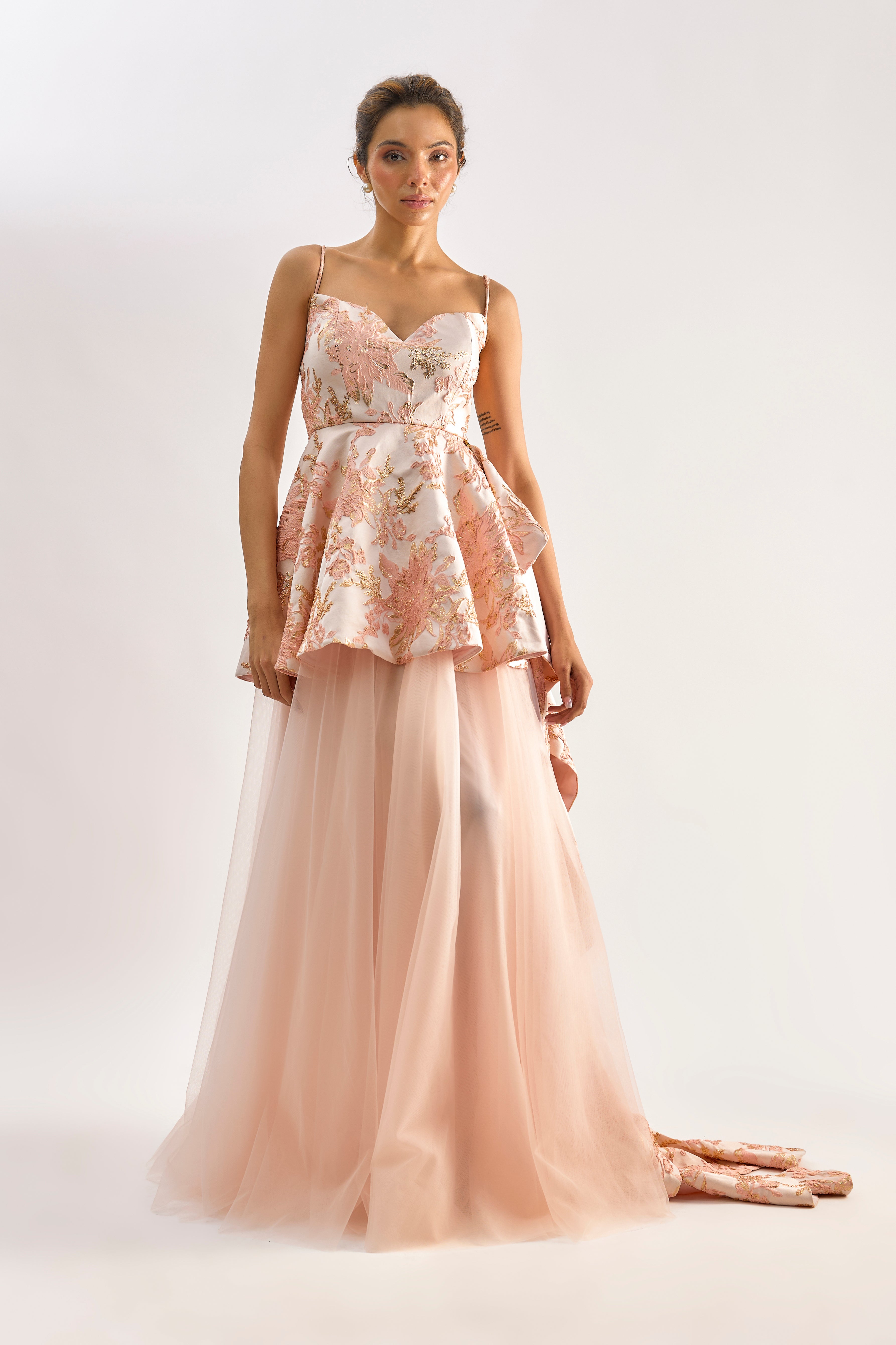 Light pink textured brocade tulle gown