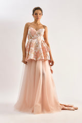 Light pink textured brocade tulle gown