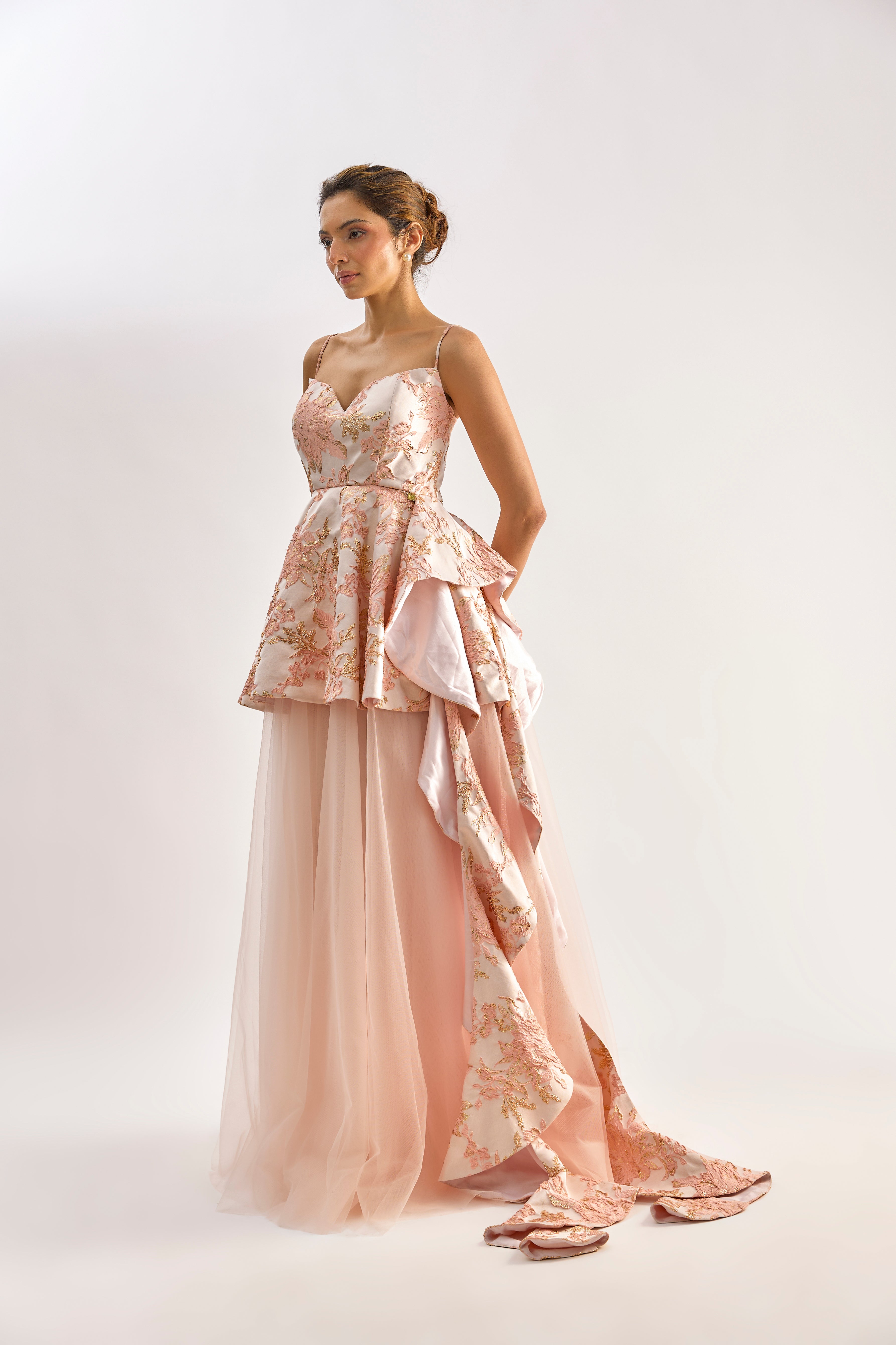 Light pink textured brocade tulle gown