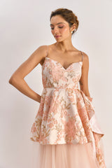 Light pink textured brocade tulle gown