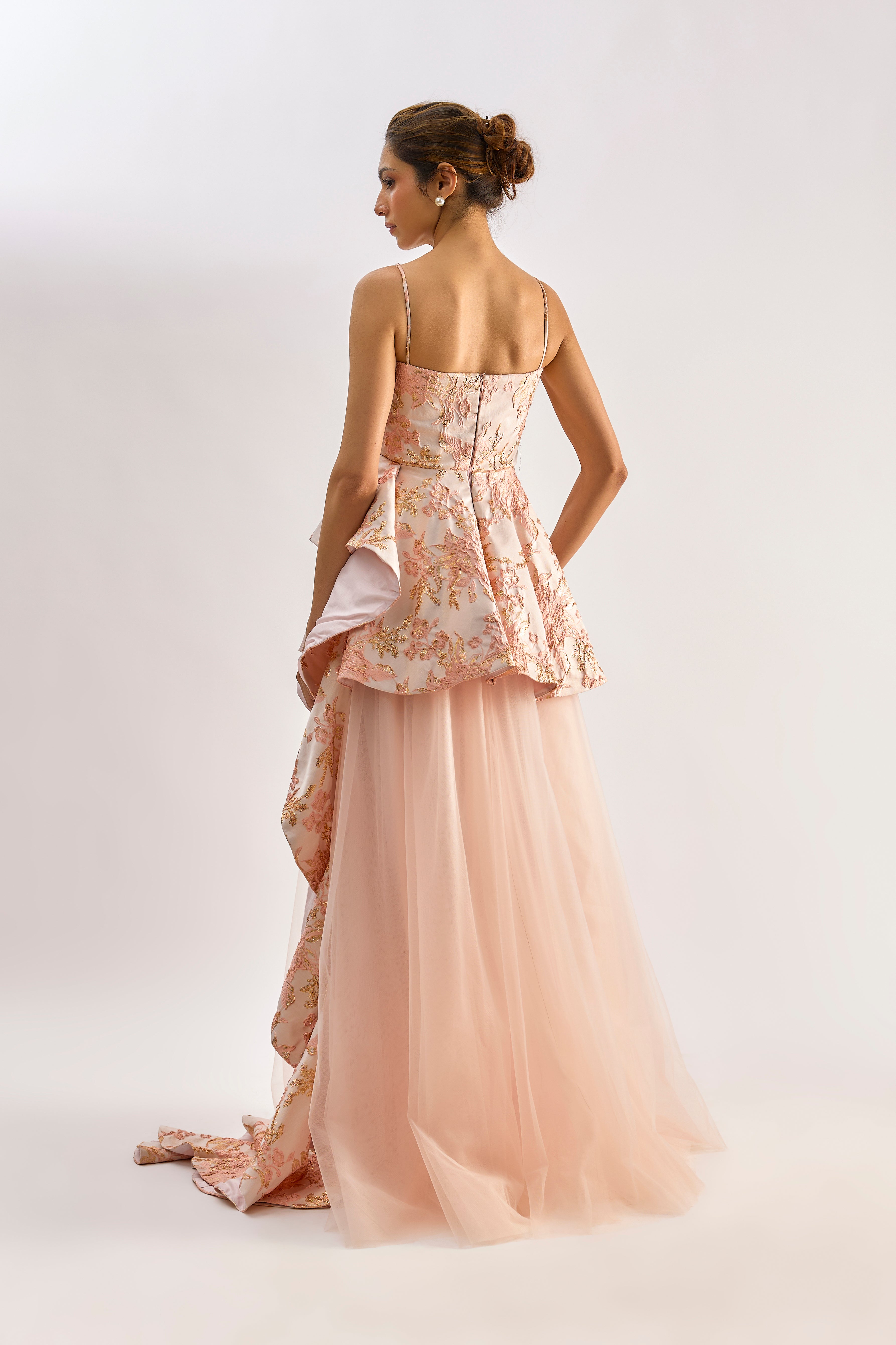 Light pink textured brocade tulle gown