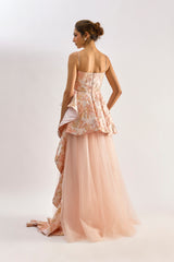 Light pink textured brocade tulle gown