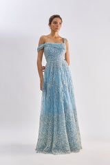 Sea blue embellished drape one shoulder gown