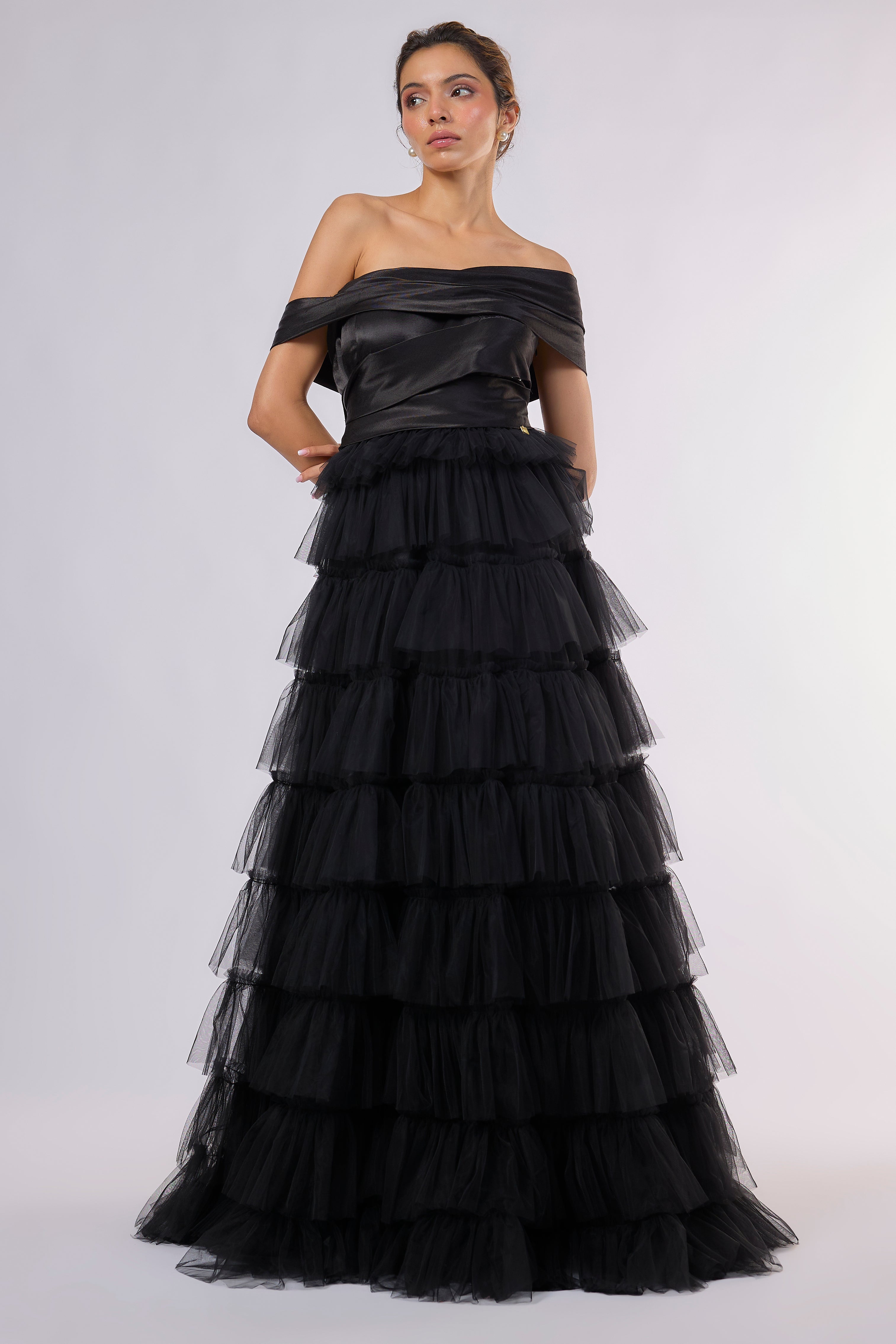 Black ruffle tulle gown