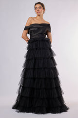 Black ruffle tulle gown