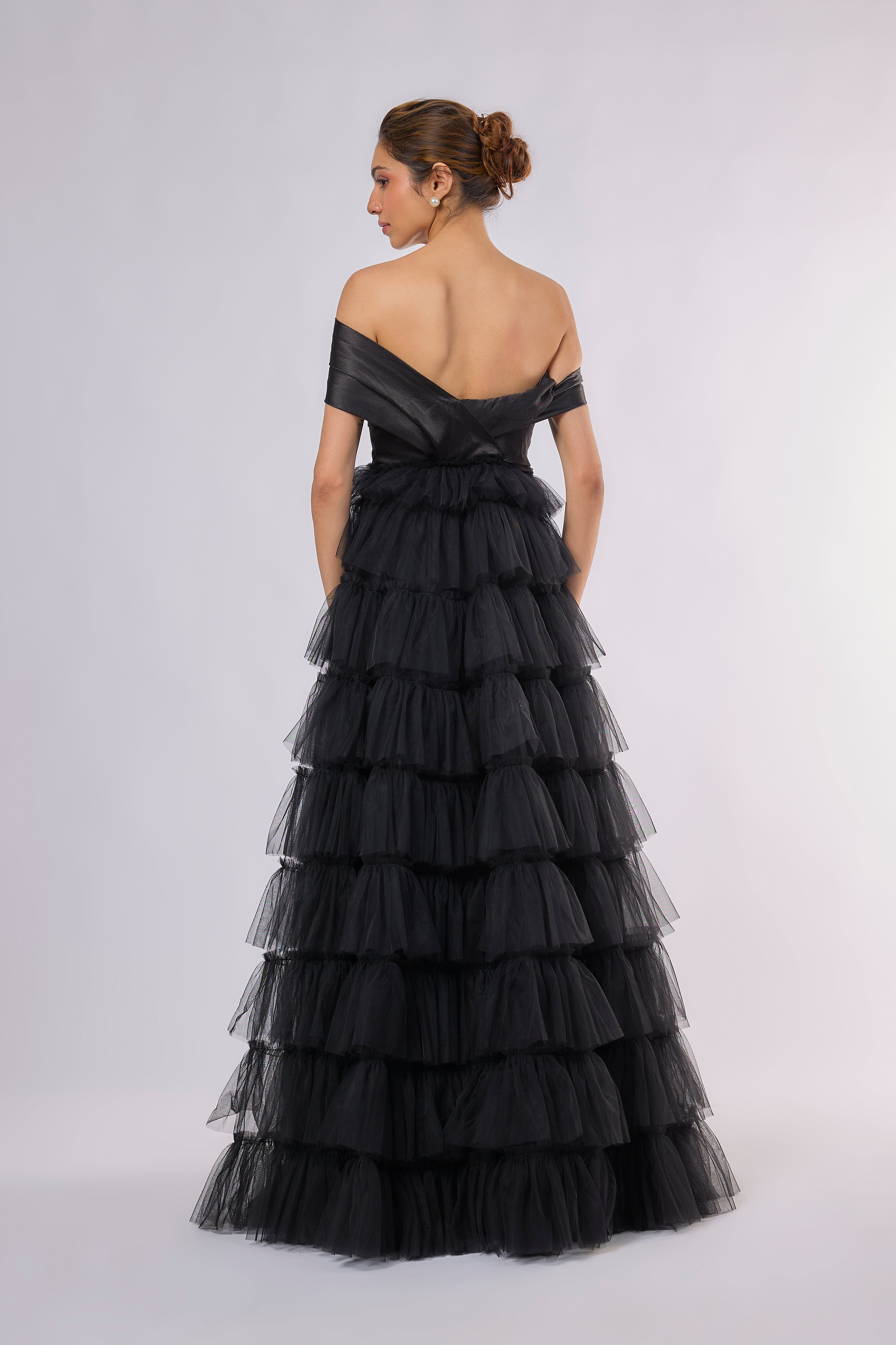 Black ruffle tulle gown