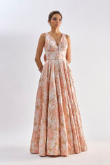 Pink floral textured jacqard gown with back bow detailing