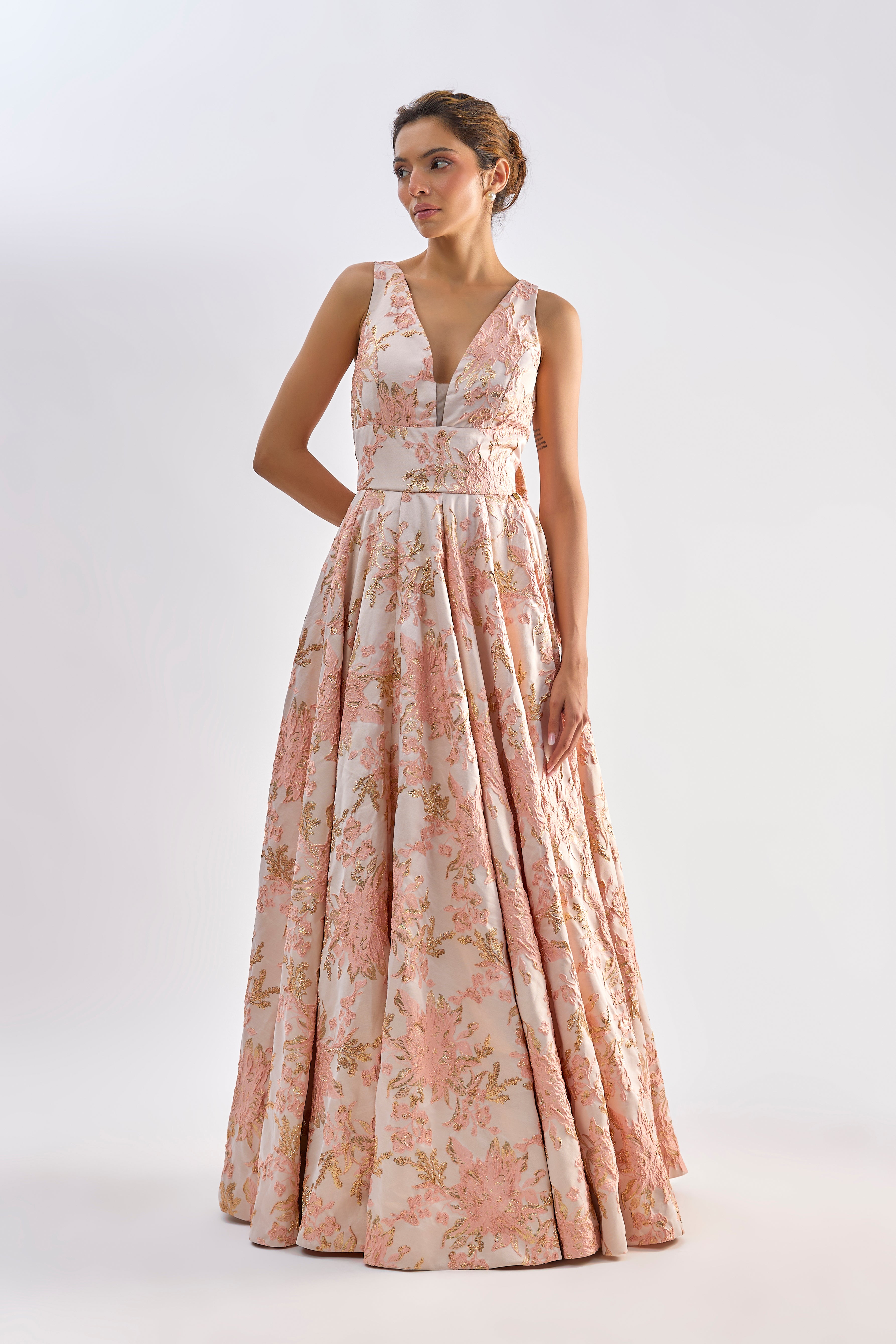 Pink floral textured jacqard gown with back bow detailing
