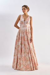 Pink floral textured jacqard gown with back bow detailing
