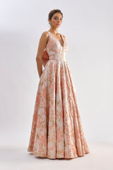 Pink floral textured jacqard gown with back bow detailing