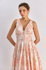 Pink floral textured jacqard gown with back bow detailing