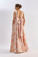 Pink floral textured jacqard gown with back bow detailing