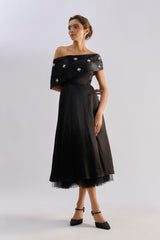 Black off shoulder embellished flayered dress