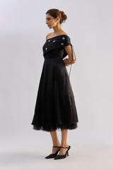 Black off shoulder embellished flayered dress